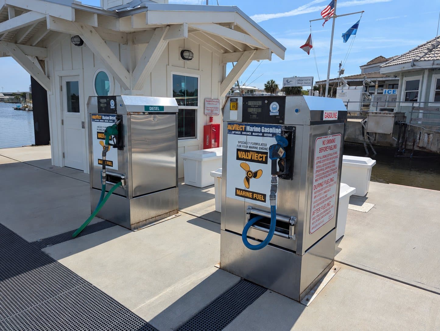 Marine fuel dispensers on a marina dock at Fernandina Beach.