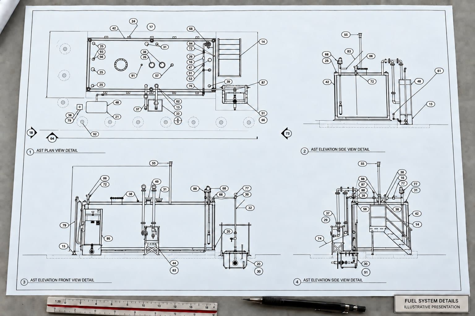 Illustrative four-view fuel tank detail sheet with numbered callouts.