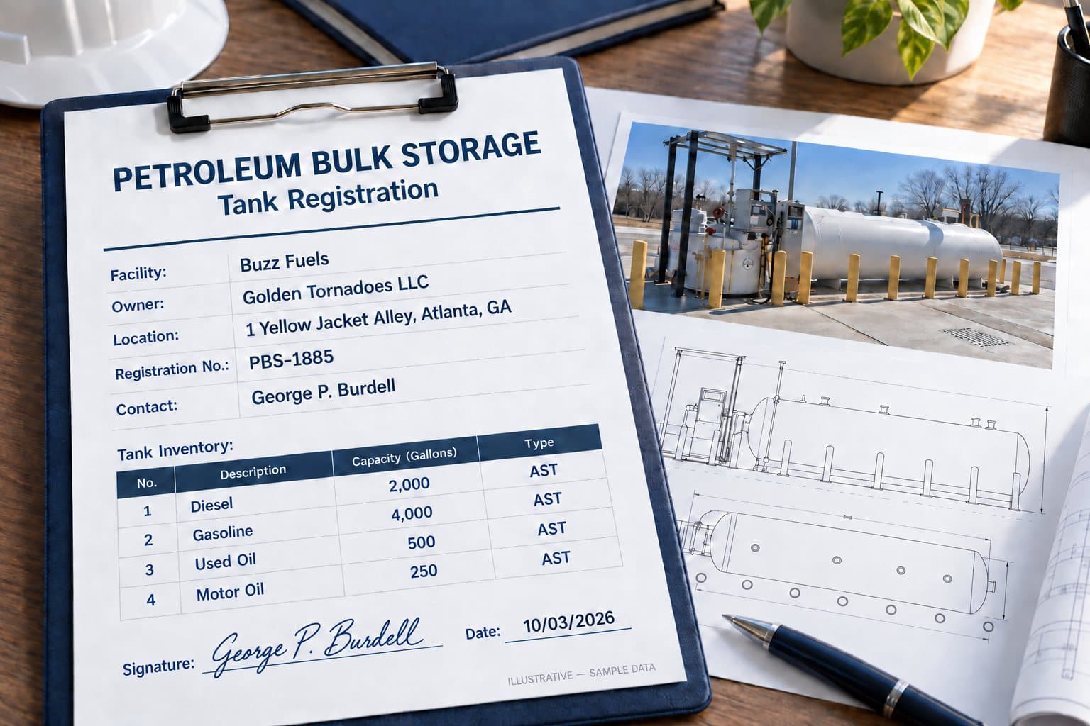 Illustrative tank registration paperwork with fictional Buzz Fuels sample details.