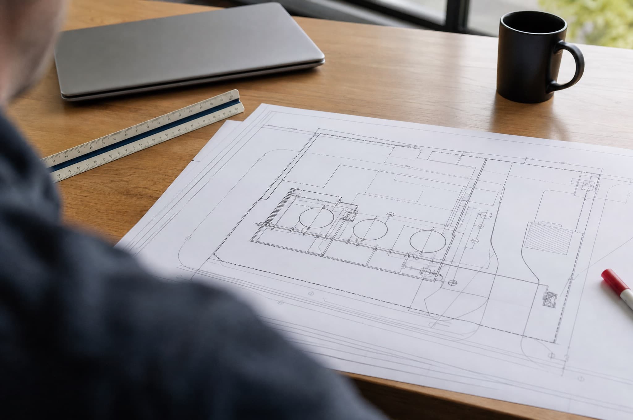 Matt Zambrano's desk with fuel-system drawings and code references
