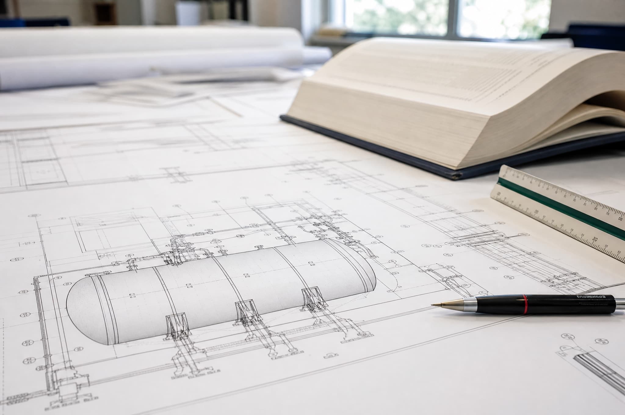 Fuel-system drawings and code references spread across a desk